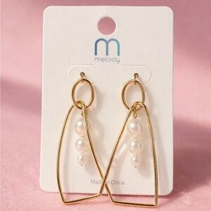 Gold Geometric Pearl Drop Earrings Abstract Dangle Earrings